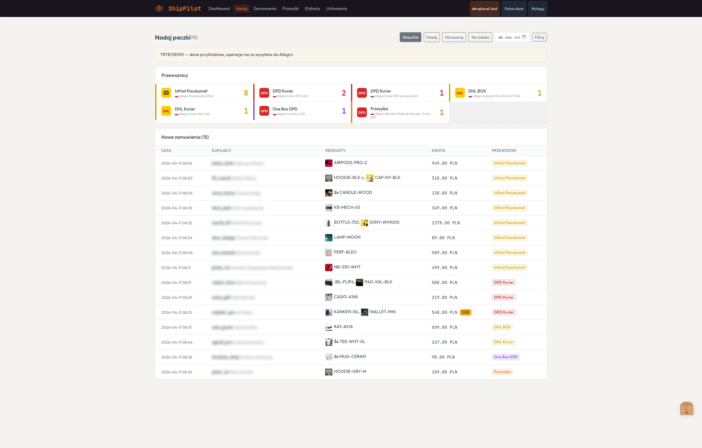 ShipPilot Dashboard — carrier overview and new orders