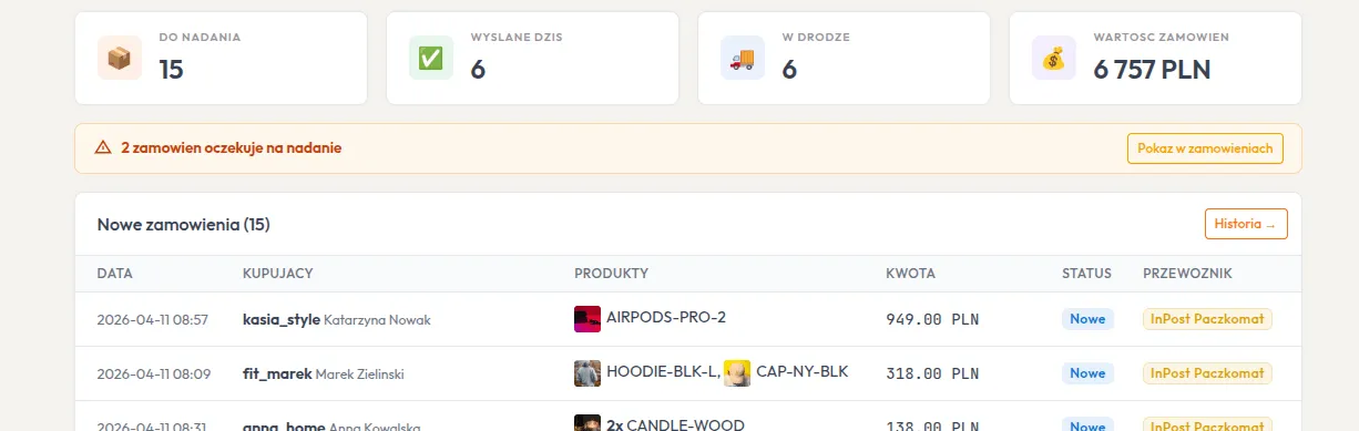 Dashboard ShipPilot — karty statystyk i filtry dat