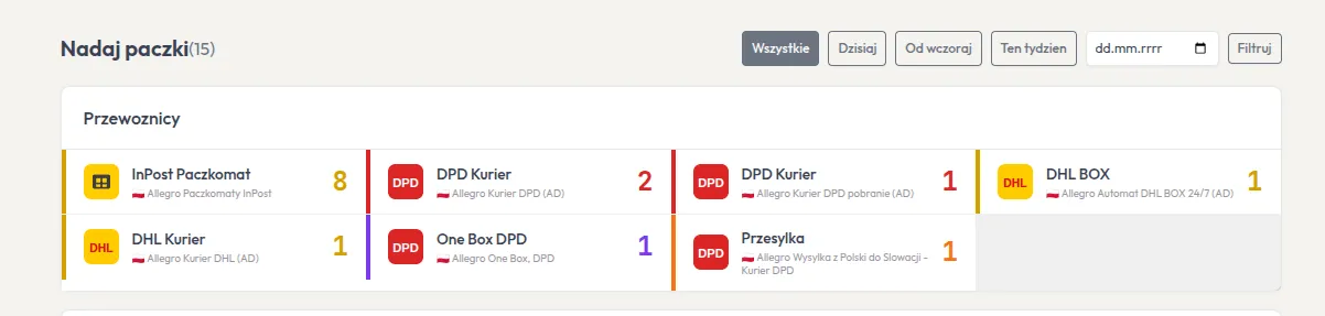 Zakładka Nadaj — kafelki dostawców z liczbą zamówień