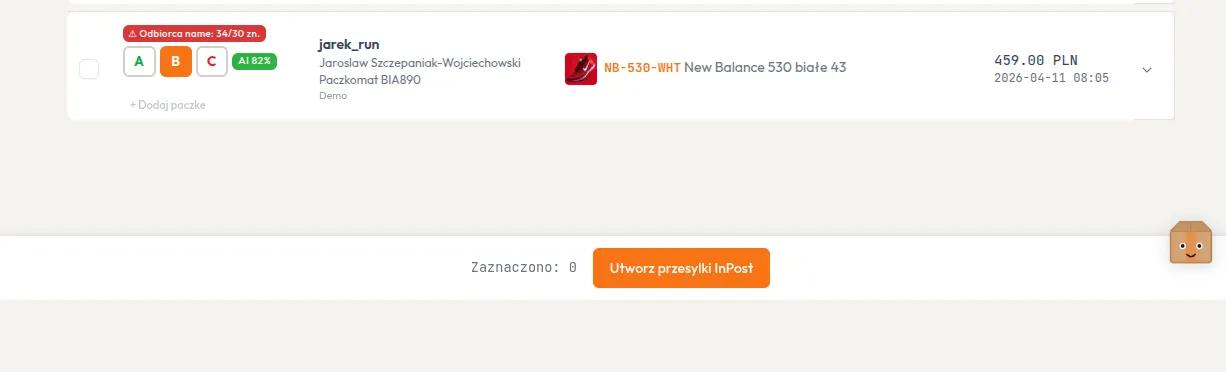 Formularz nadawania przesyłki InPost — ShipPilot