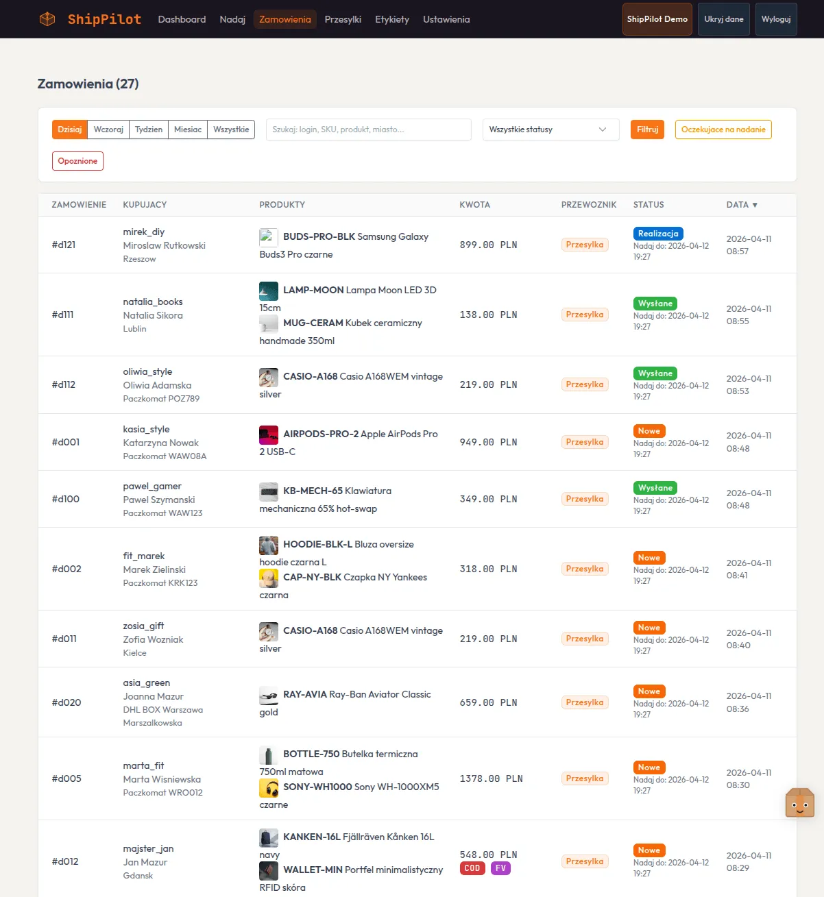 Lista zamówień — ShipPilot