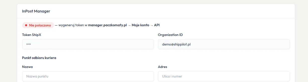 Ustawienia — konfiguracja InPost API