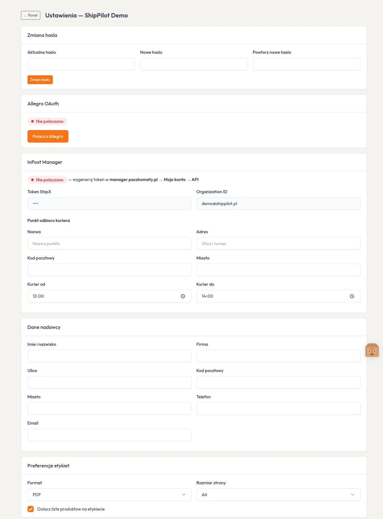 Ustawienia panelu — Allegro OAuth, InPost, dane nadawcy